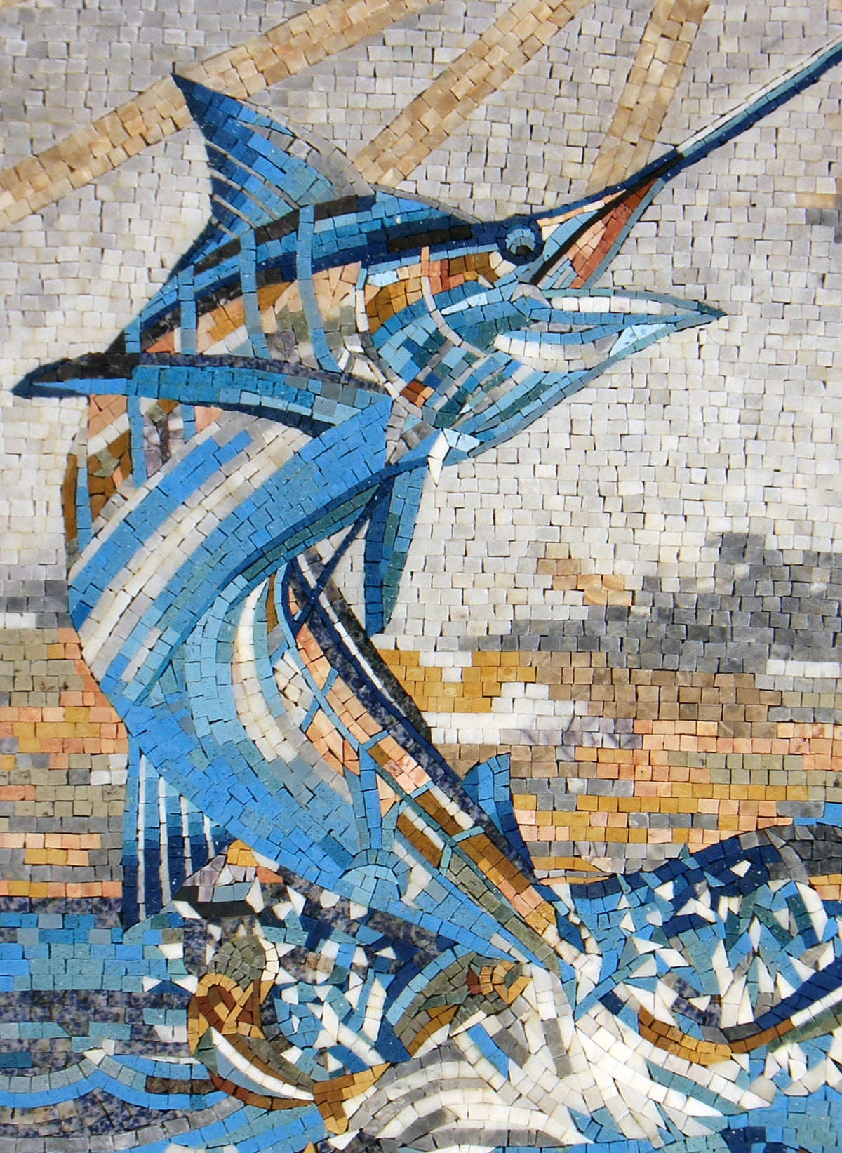 Handmade Swordfish Mosaic Mural: Leaping Marlin Marble Wall Art