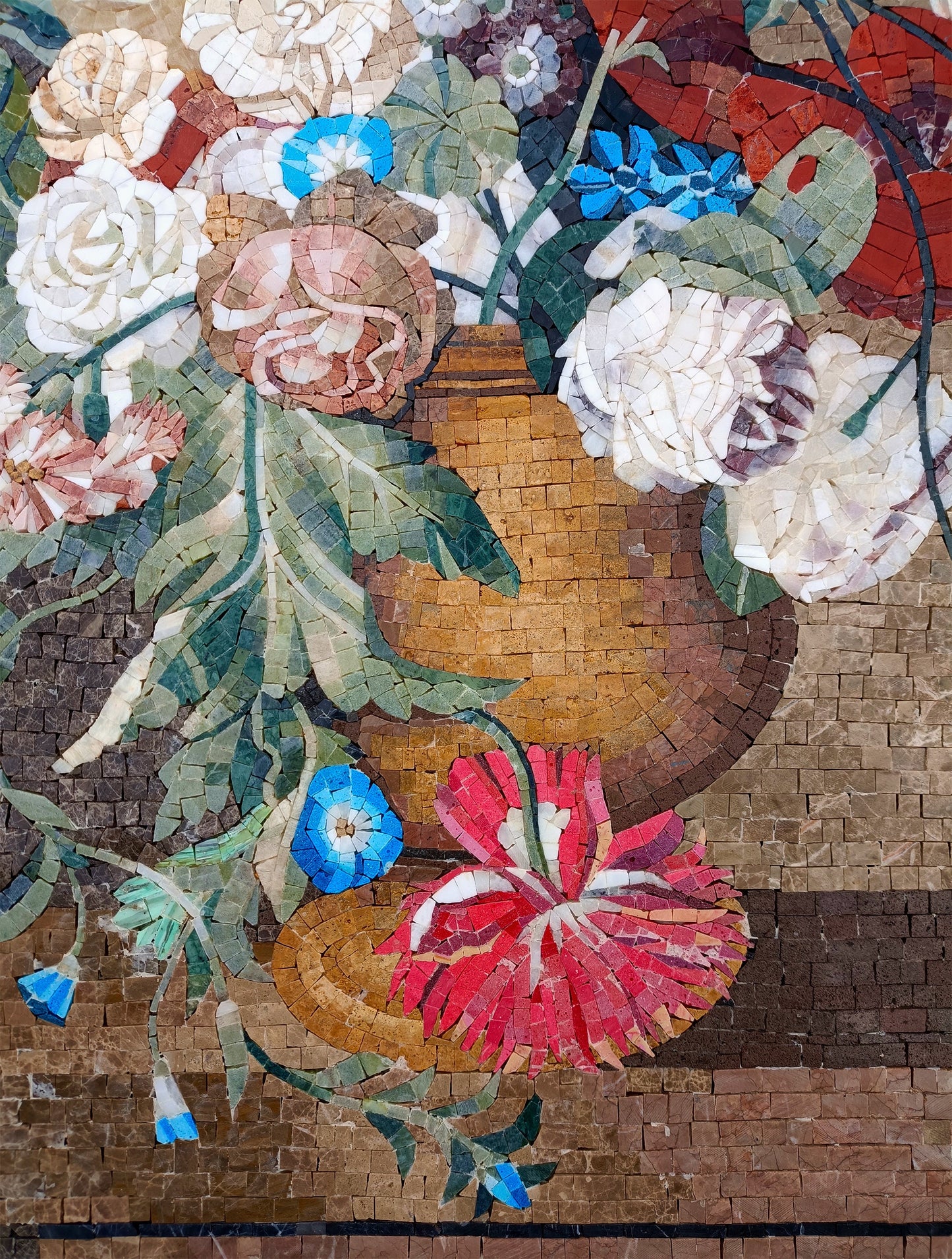 Handmade Marble Mosaic Art: Flowers in Urn - Wall Decor