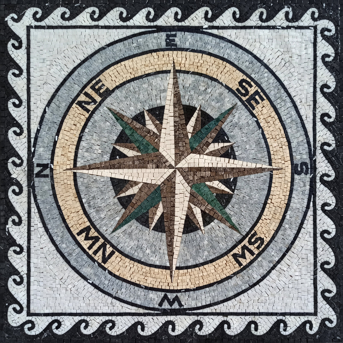 Handmade Nautical Compass Rose Mosaic Tile: Indoor/Outdoor Marble Backsplash (40”x 40")