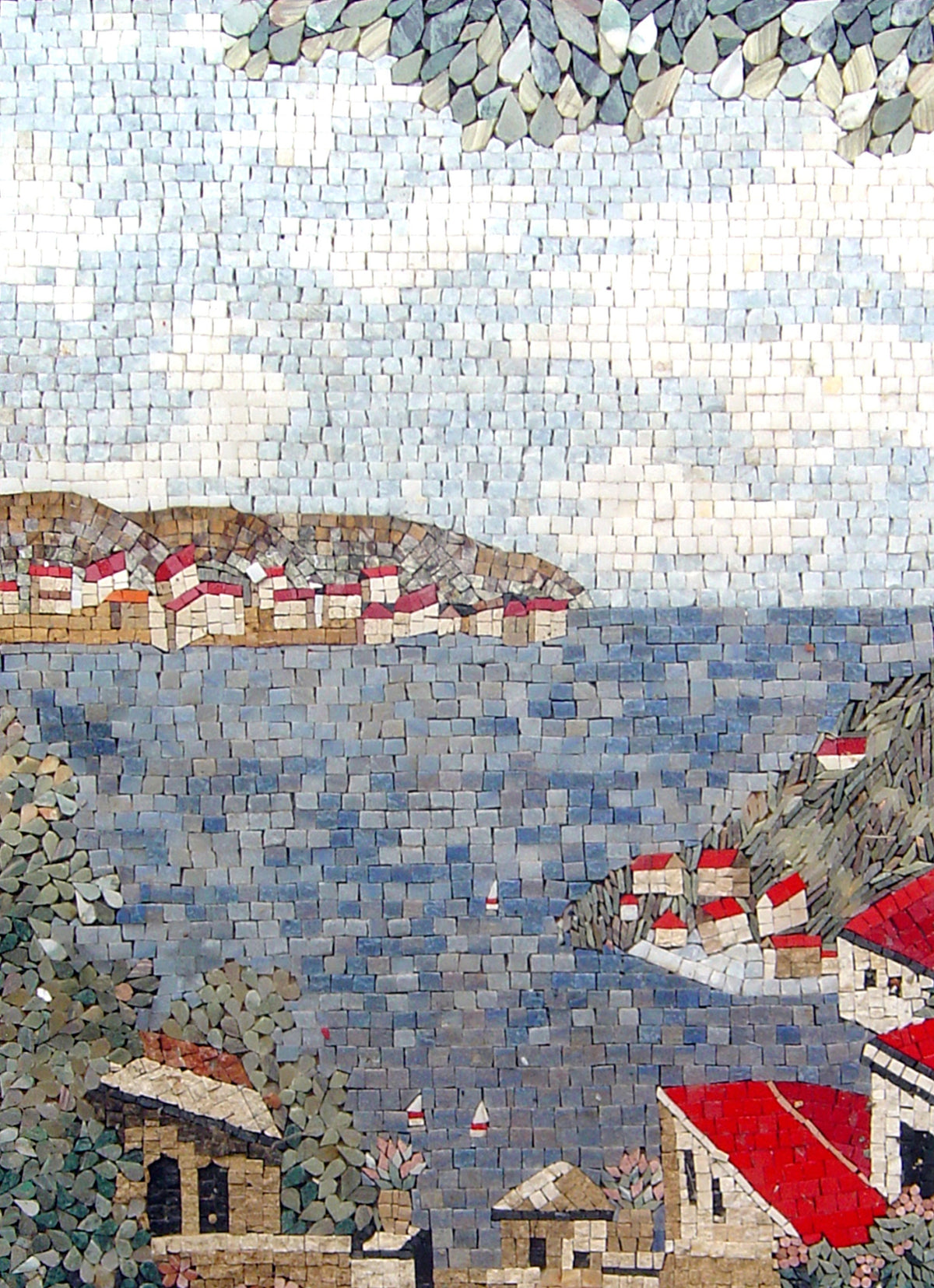 Handmade Coastal Mosaic Tile Art: Beach House Scene (48” x 34”)