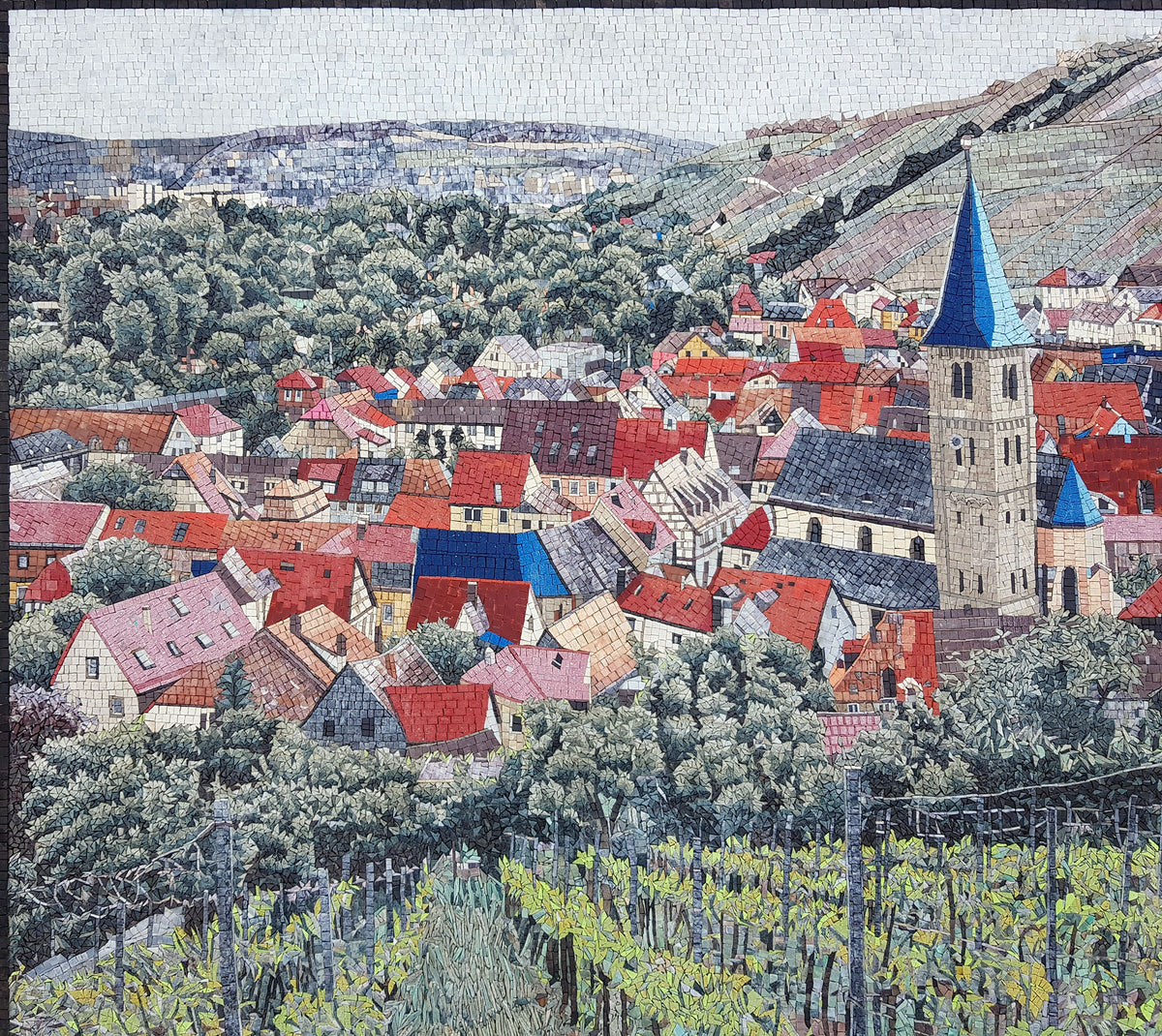 Handmade Vineyard Mosaic Tile Art: European Village Scenery (68” x 48”)