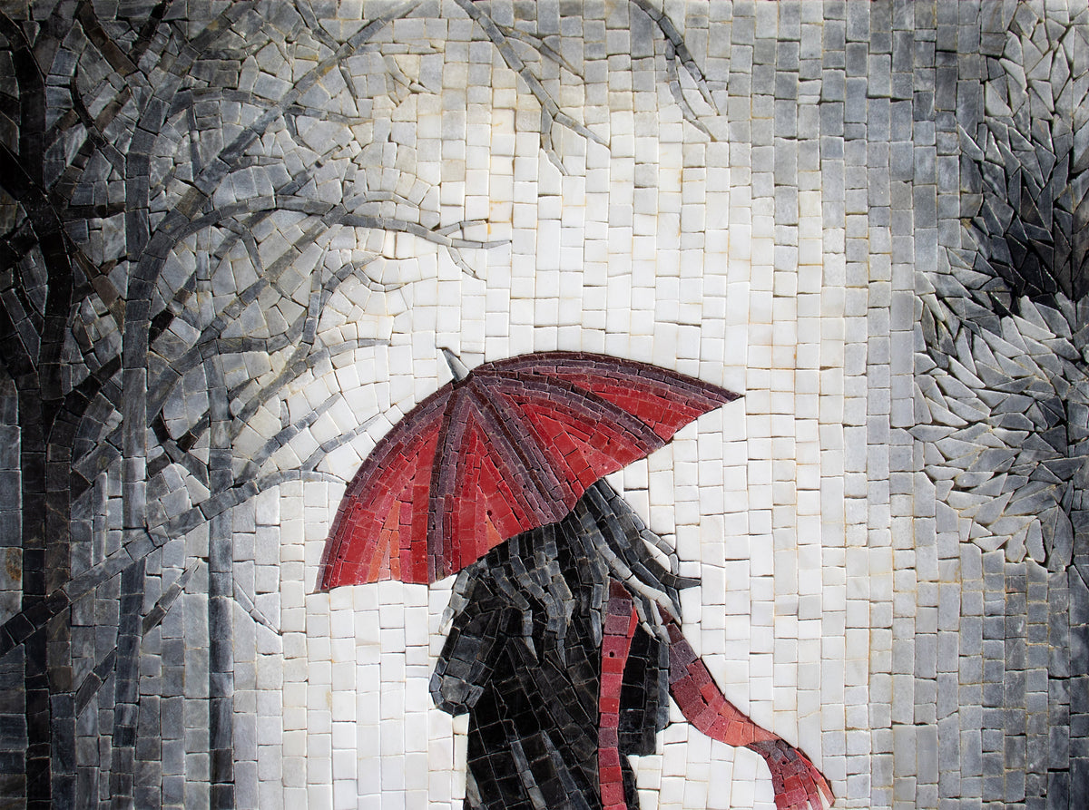 Handmade Marble Mosaic Art: Women in Rain with Red Umbrella (28” x 20”)