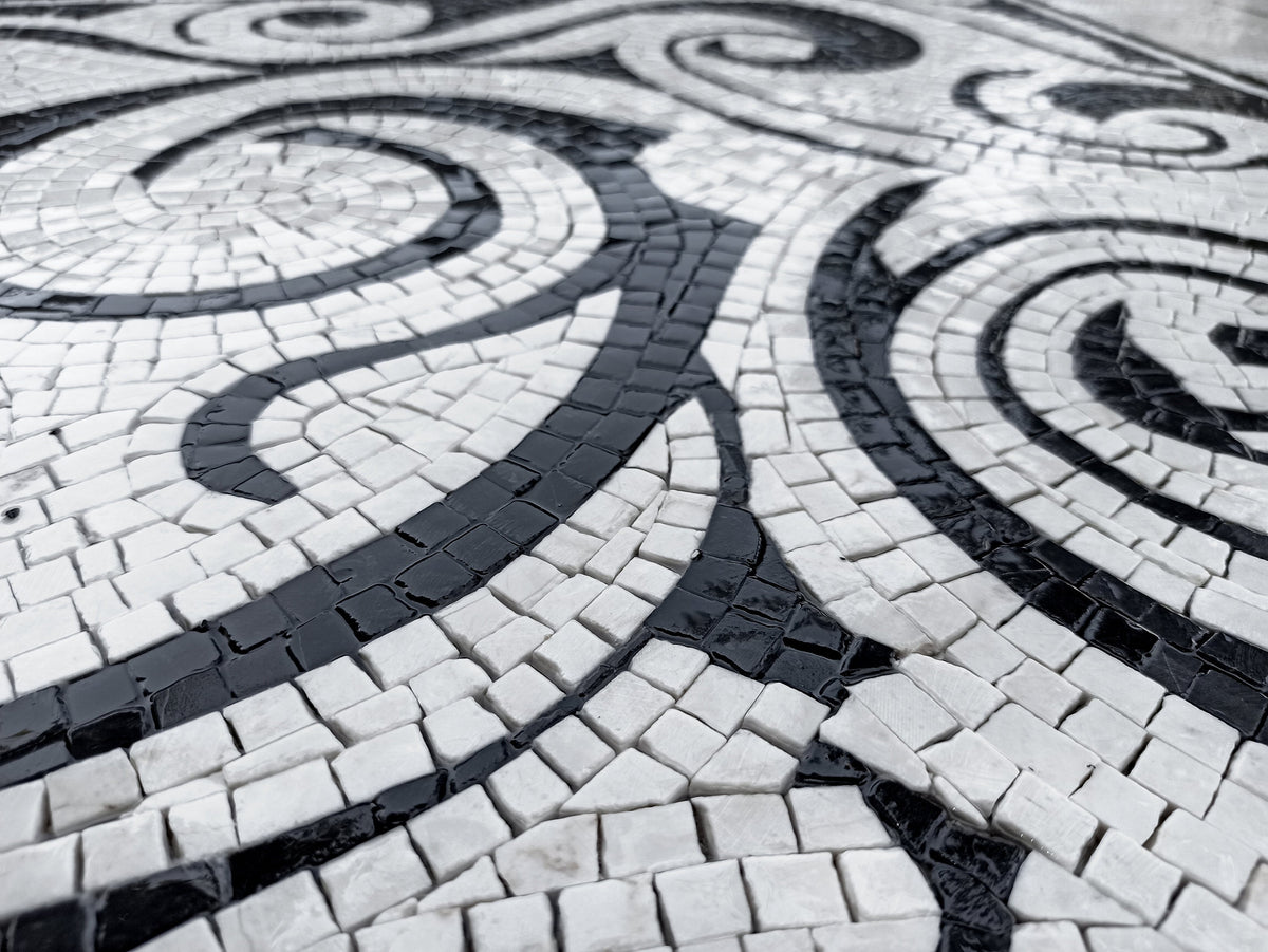 Handmade Waves Pattern Marble Mosaic Rug: Black and White Art