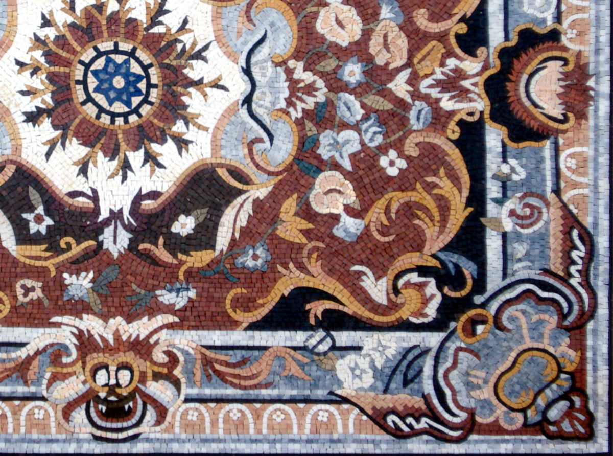 Handmade Marble Stone Mosaic Rug: Floral Medallion Design