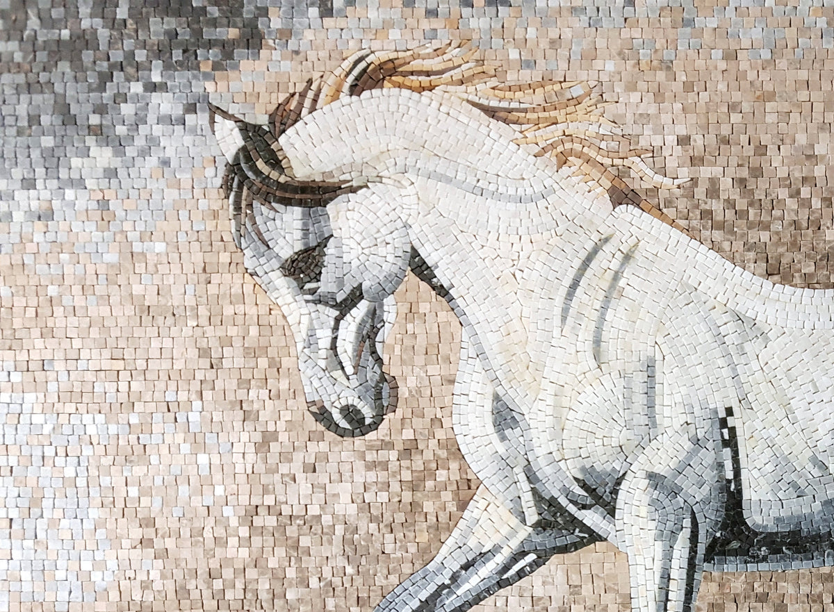Handmade Marble Mosaic: White Horse Mural for Walls (48” x 36”)