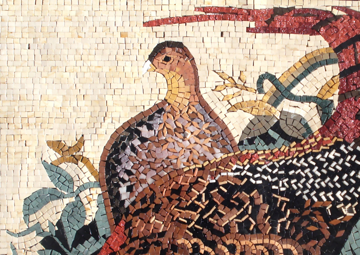 Handmade Pheasant Mosaic Tile Art: Marble Bird Mural (30x24 in)