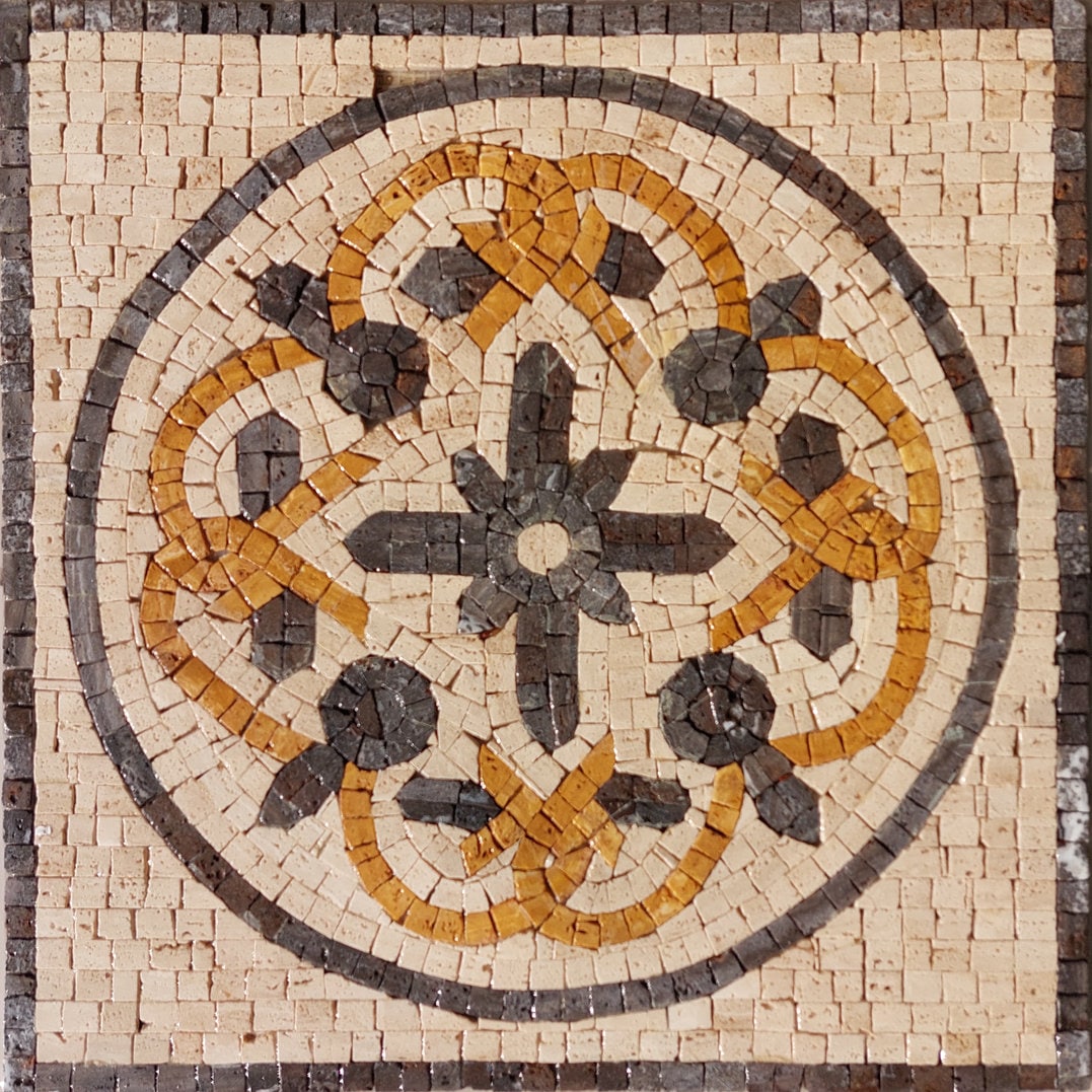 Handmade Geometric Marble Mosaic Tile: Floral Medallion (15"x15")