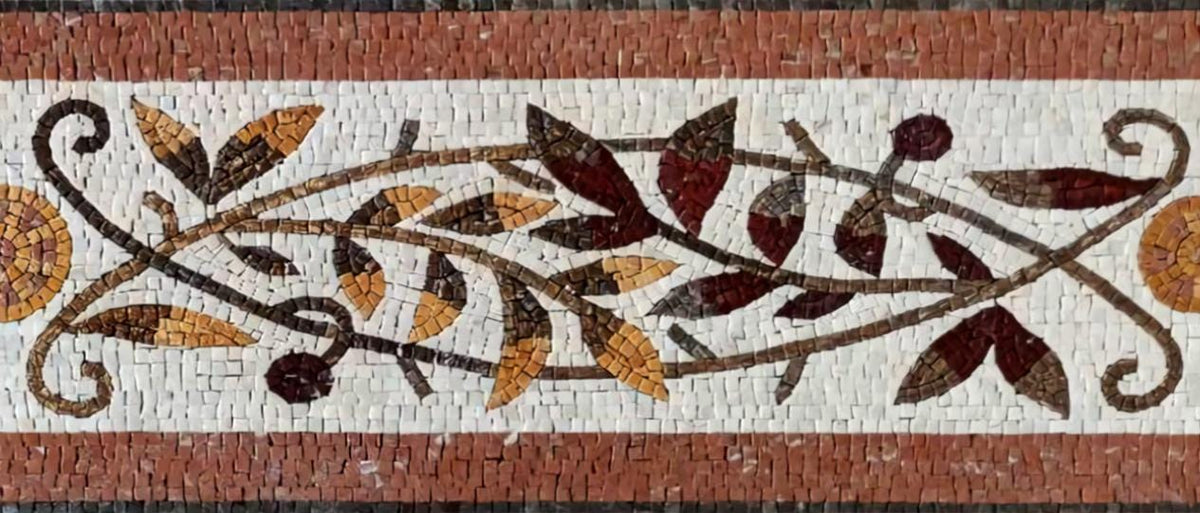 12″ Winding Leaves & Circles Border Mosaic – Handmade Marble Tile Trim, Customization available