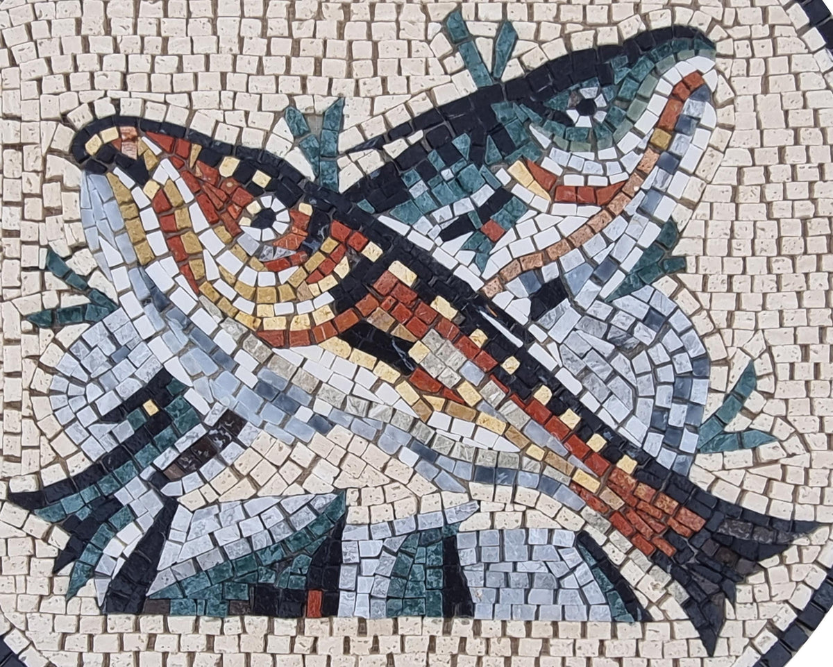 Handmade Marble Mosaic Medallion: 20" Fish Tile Art