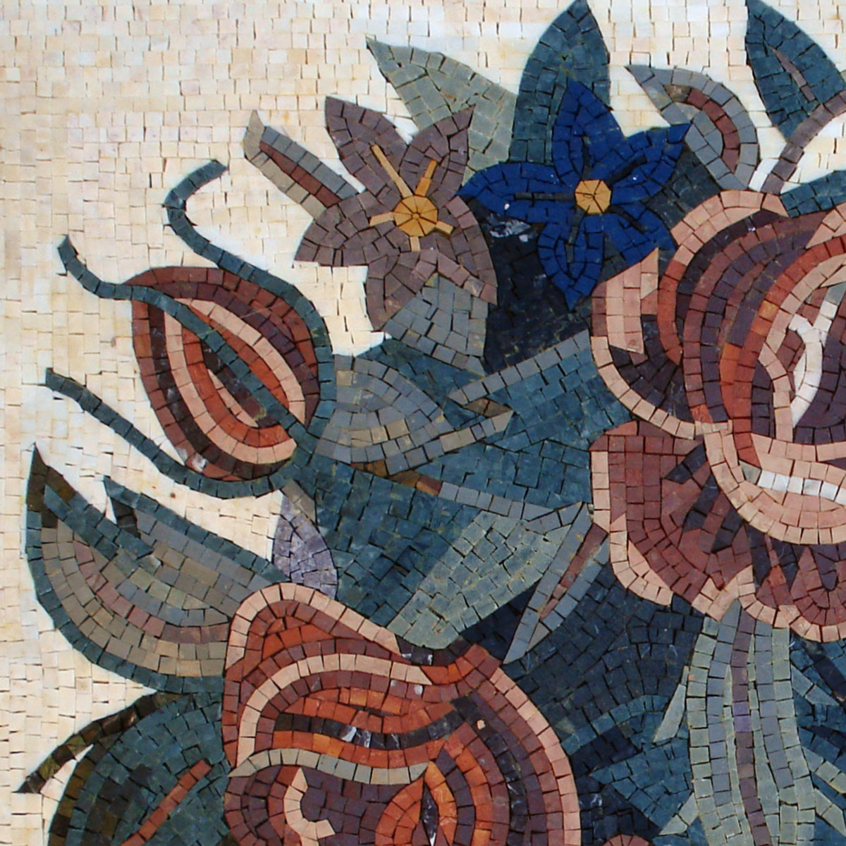 Handmade Marble Mosaic Wall Art: Red Roses & Mixed Flowers (36"x36")