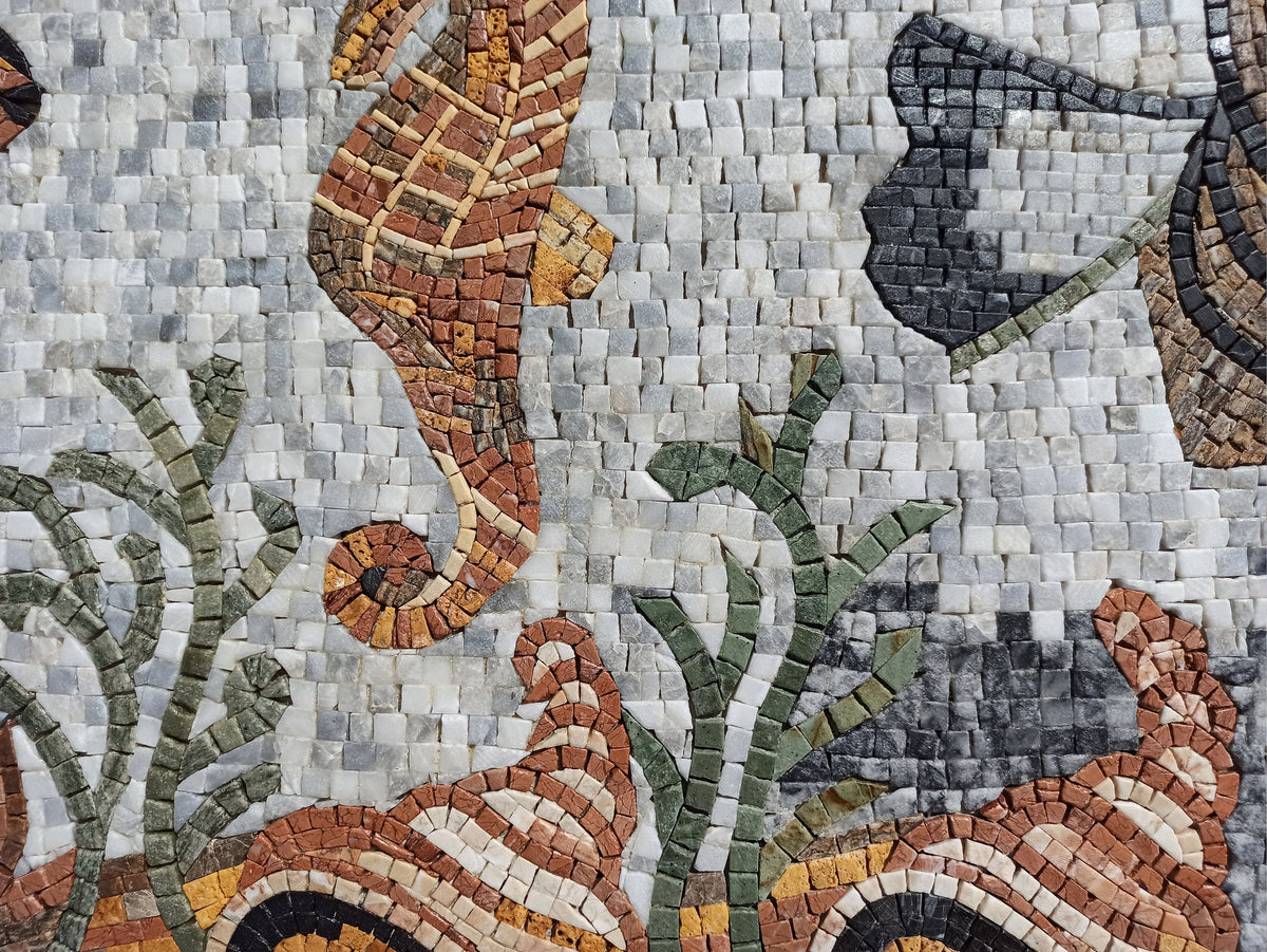 Handmade Marble Mosaic Tile: Sea Life Mural (92” x 22")