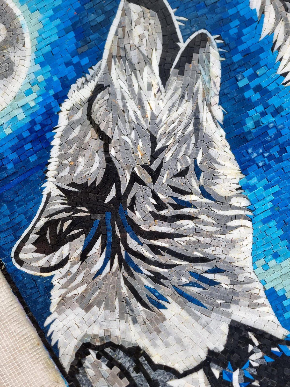 Handmade Marble Tile Mosaic: Wolf and Moon Night Sky Art (60x40)