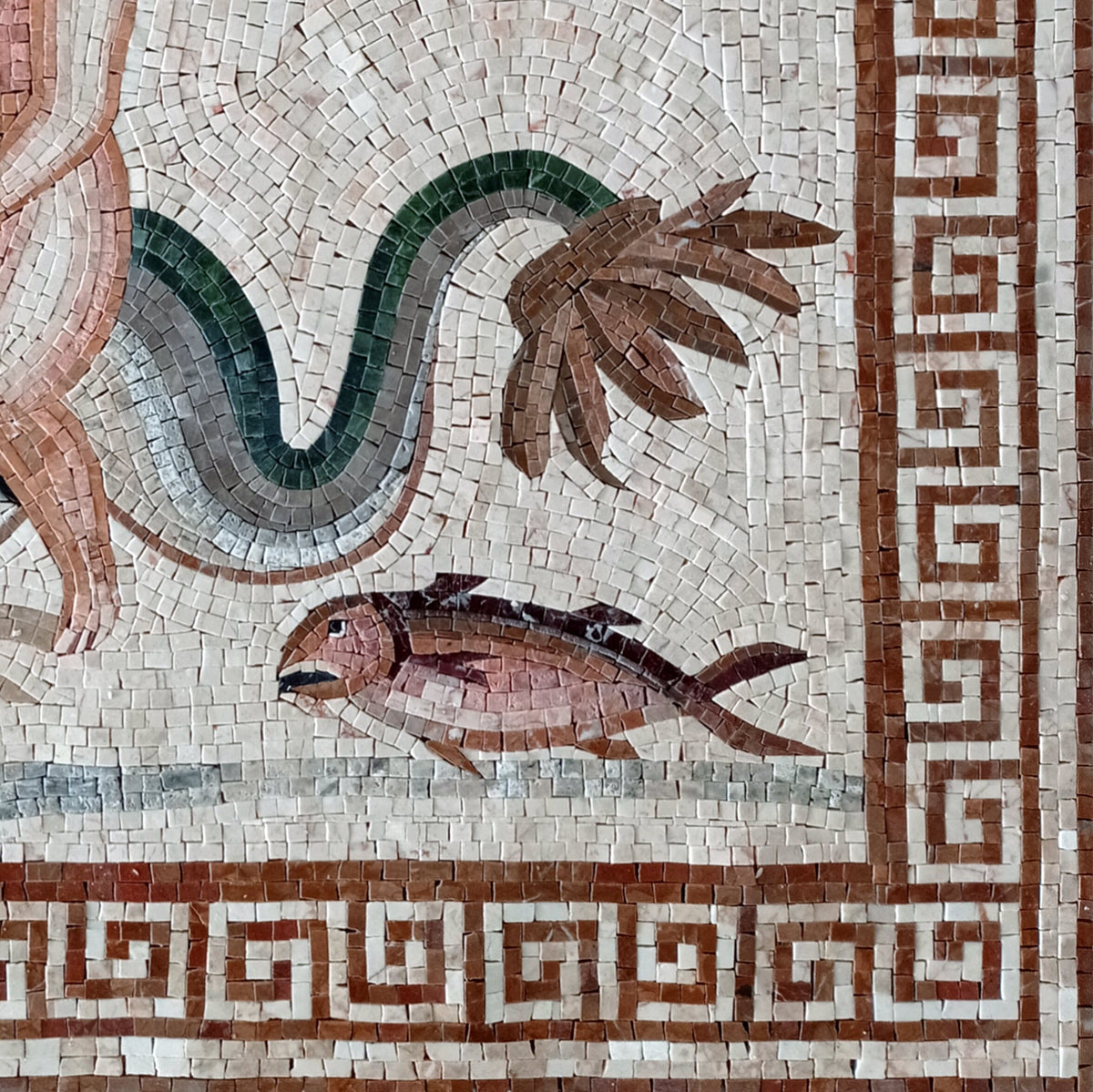 Handmade Eros Mosaic Mural: Greek God on Dolphin, Roman Art Tile (32x32)