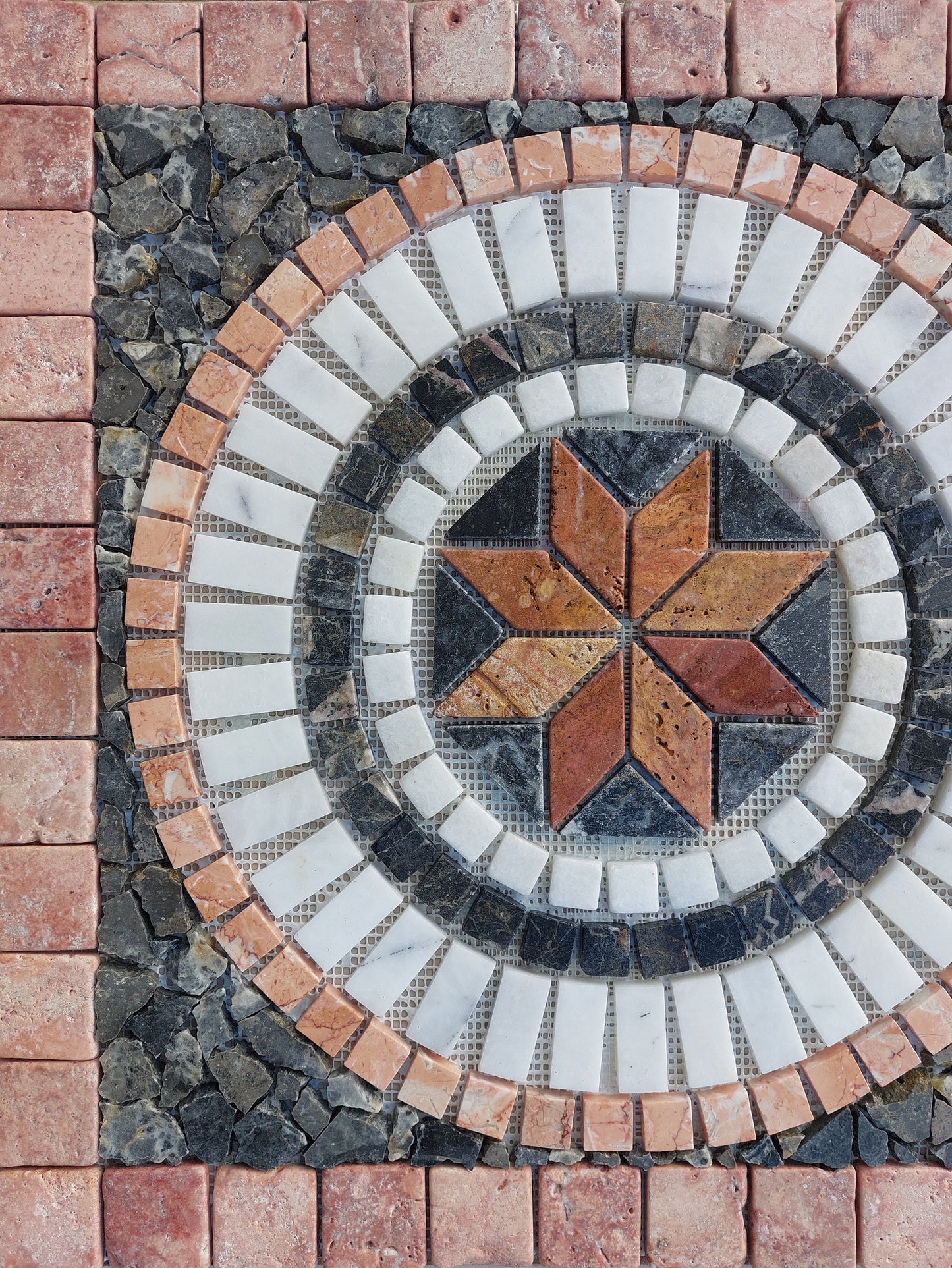 Handmade Marble Stone Mosaic Medallion: Tropical Garden Decor (24”x24”)