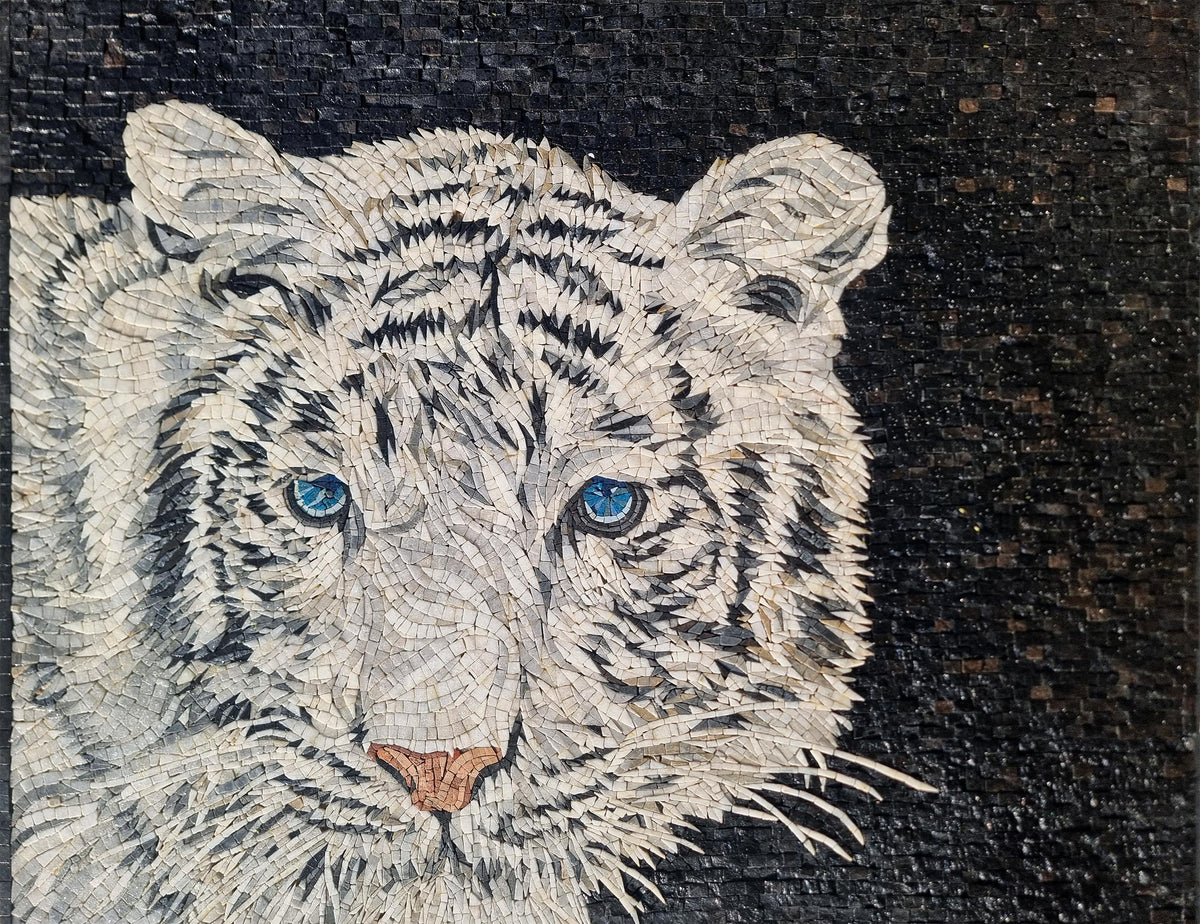 White Tiger Mosaic Art: Large Marble Tile, Handmade Animal Wall Decor (60x36)