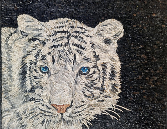 White Tiger Mosaic Art: Large Marble Tile, Handmade Animal Wall Decor (60x36)