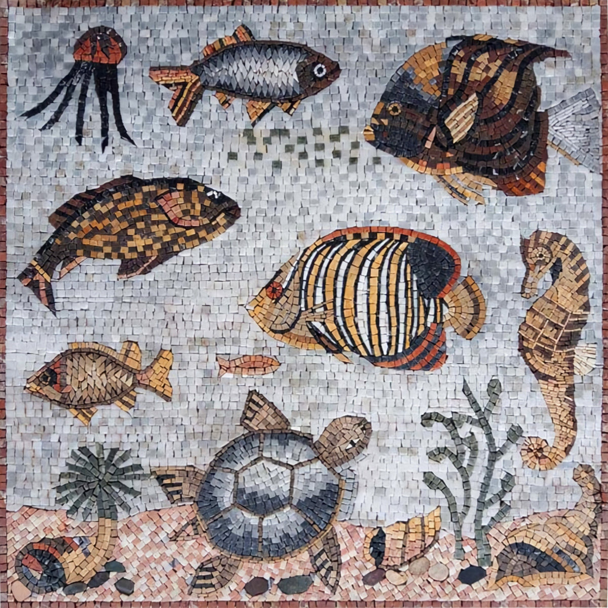 Handmade Sea Animal Marble Mosaic Tile Mural (32" x 32")