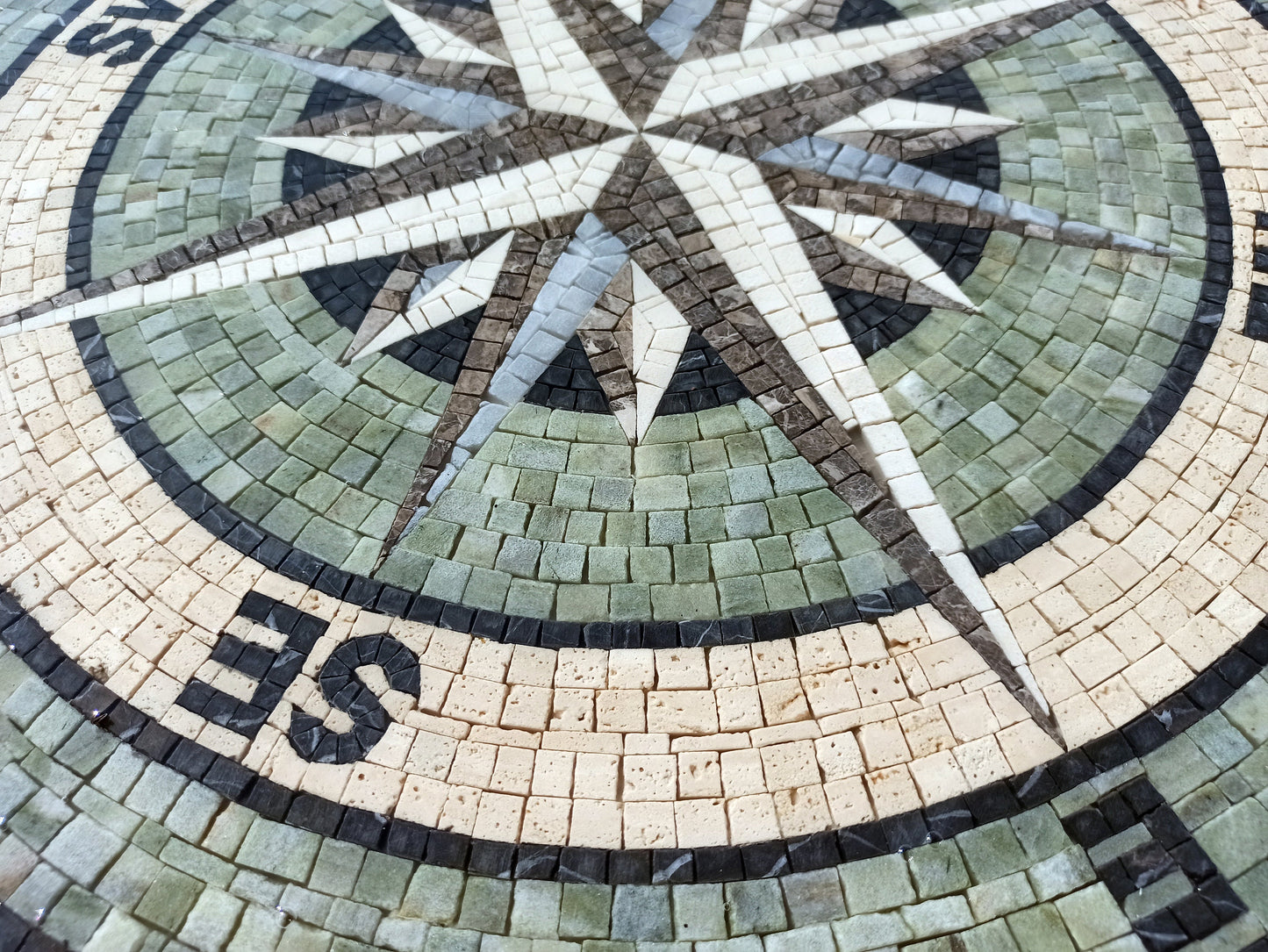 Green Compass Rose Marble Mosaic Medallion - Nautical Art Tile
