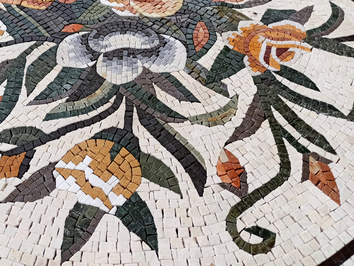 Handmade Marble Mosaic Tile: Colorful Roses, Greek Key Border (40x40)