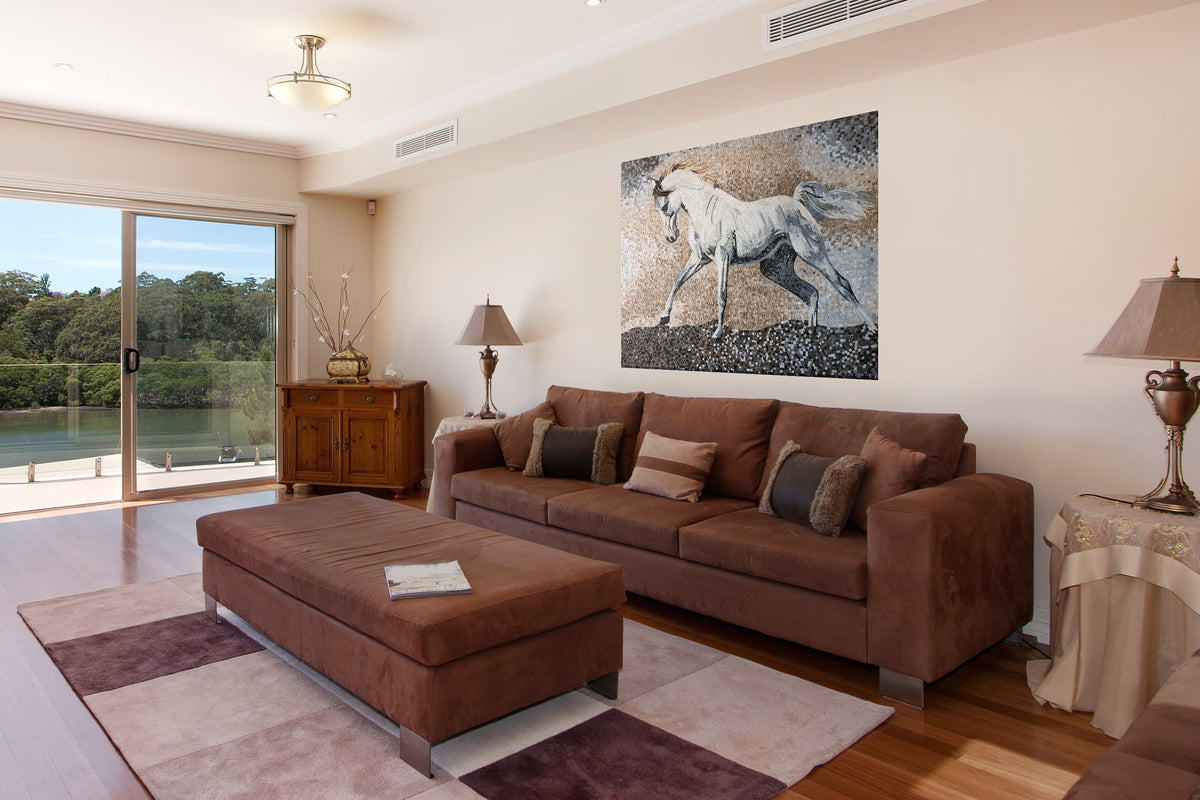 Handmade Marble Mosaic: White Horse Mural for Walls (48” x 36”)
