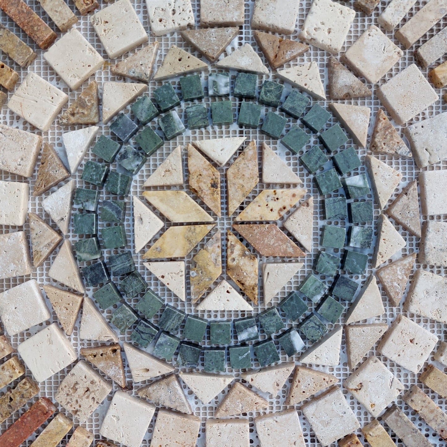 Handmade Flower Mosaic Medallion: Travertine Stone Art (24"x24")