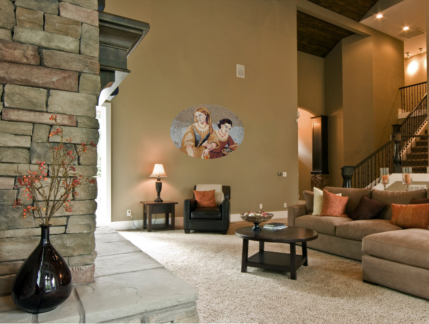 Handmade Sisters Portrait Marble Mosaic Tile Art: 52” x 32”