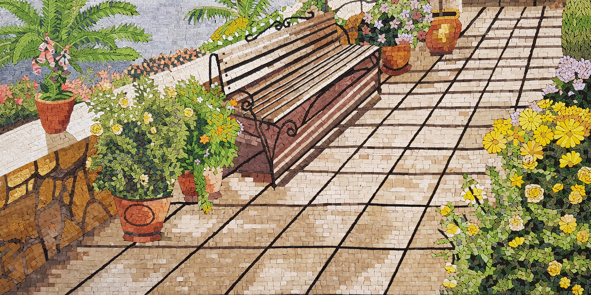 Handmade Seaport Mosaic Tile Art: Floral Botanical Walkway View
