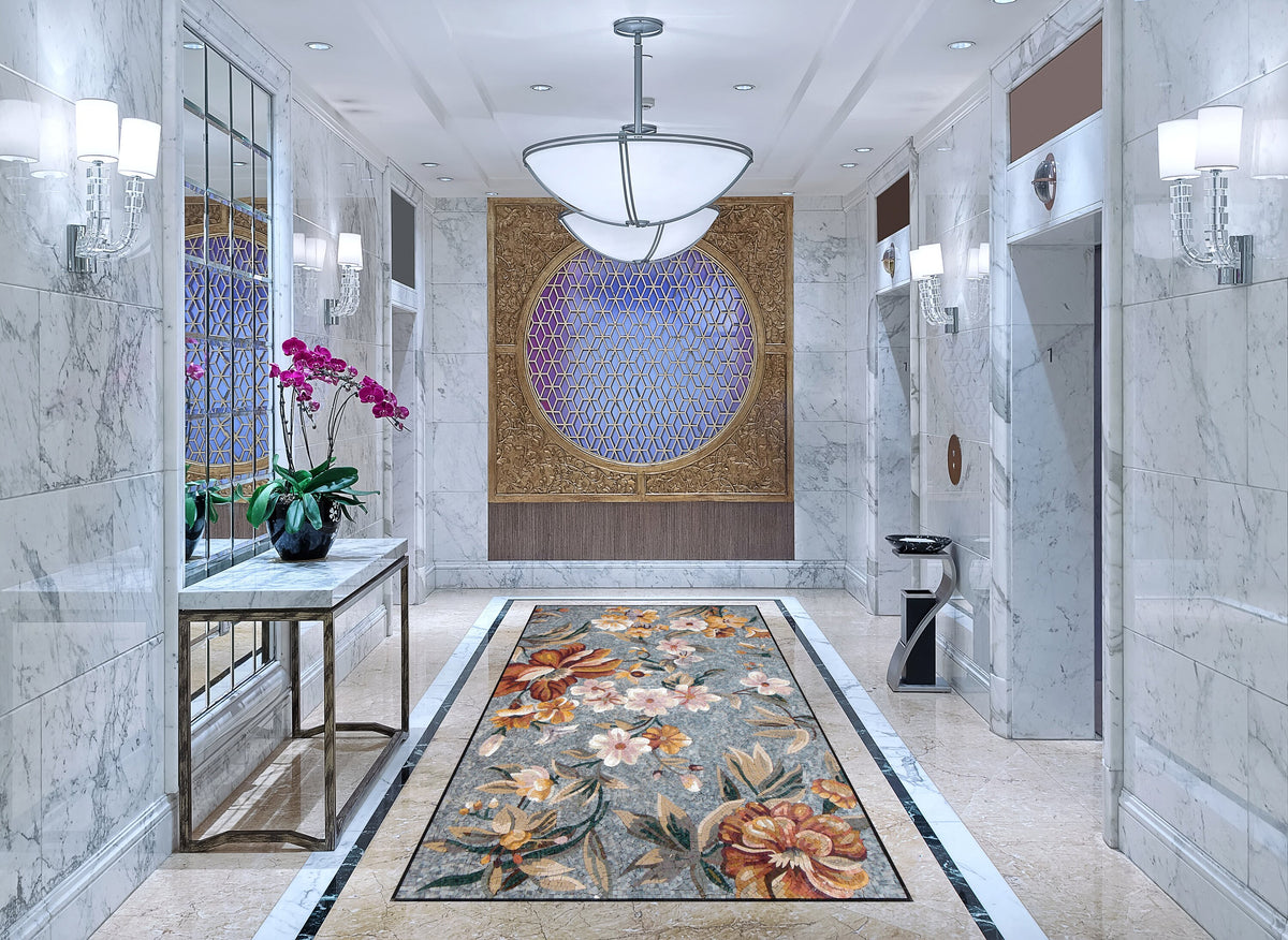 Floral Mosaic Rug: Handmade Natural Stone Art Carpet