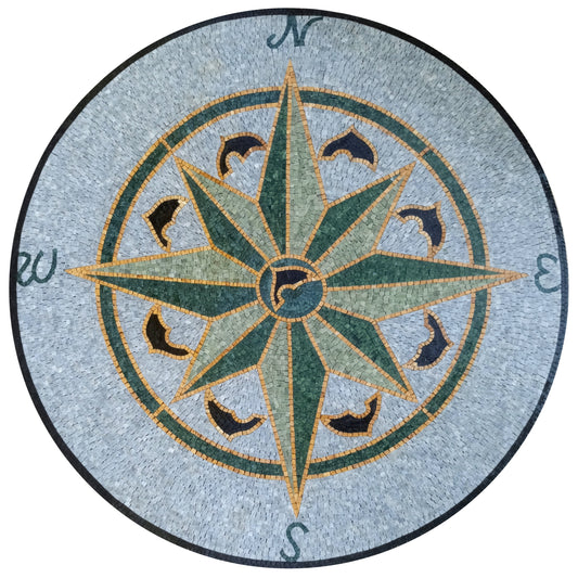 Handmade Marble Compass Mosaic Tile: Wind Rose Medallion (32" Diameter)