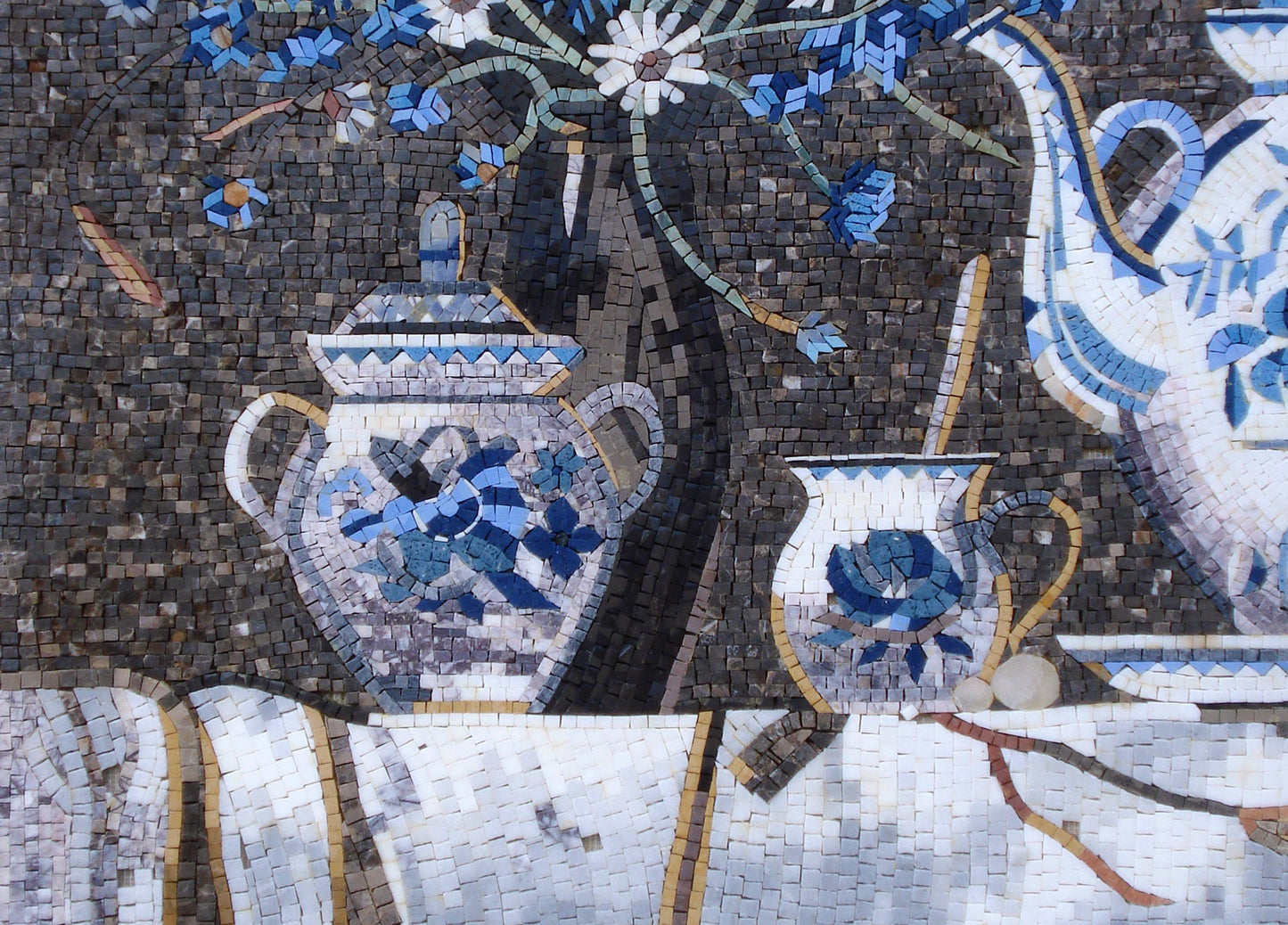 Blue Teapot Mosaic Art: Handmade Kitchen Backsplash Tiles (44” x 32")