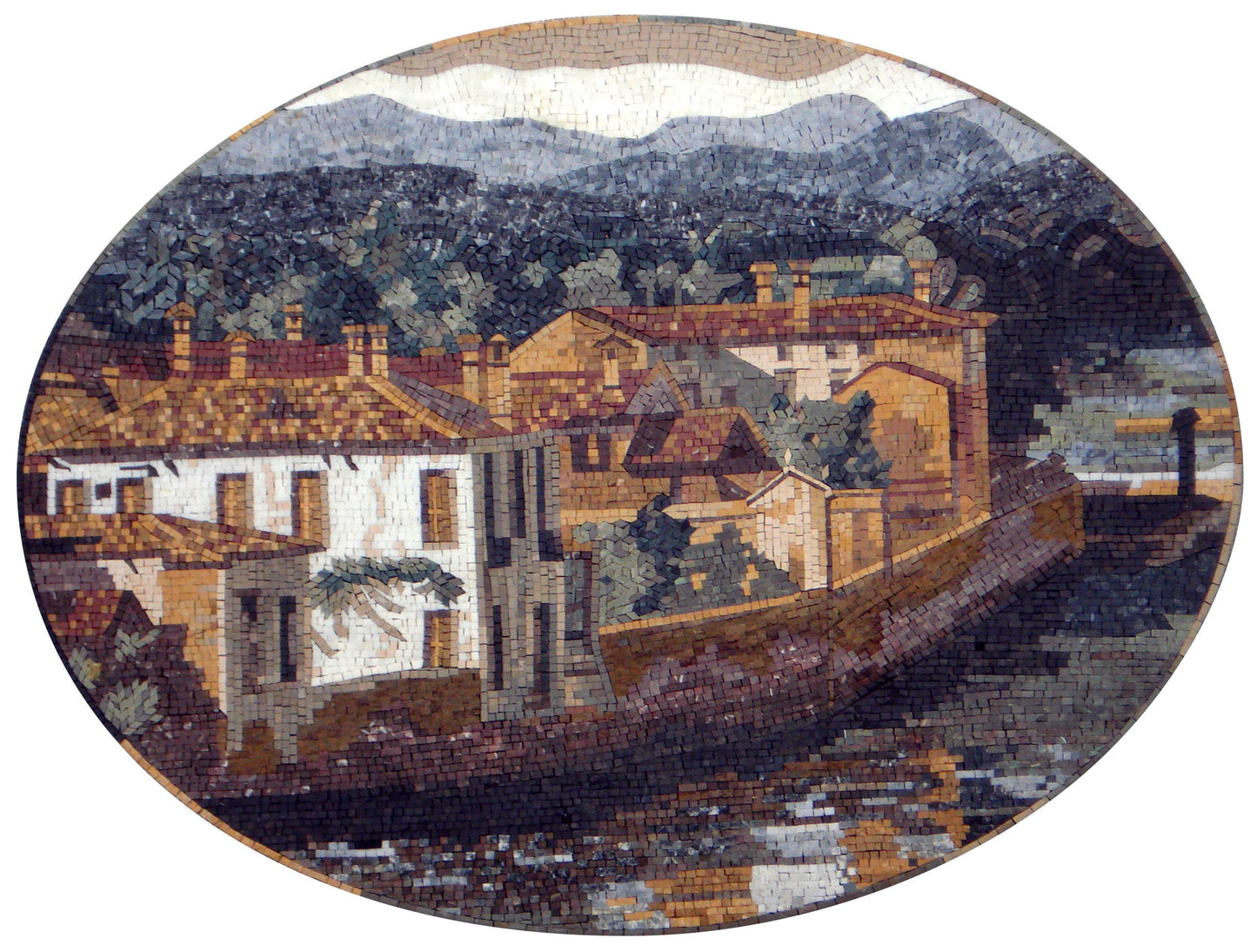 Handmade Marble Mosaic Tile Art: Country House Beach Scene (42” x 32”)
