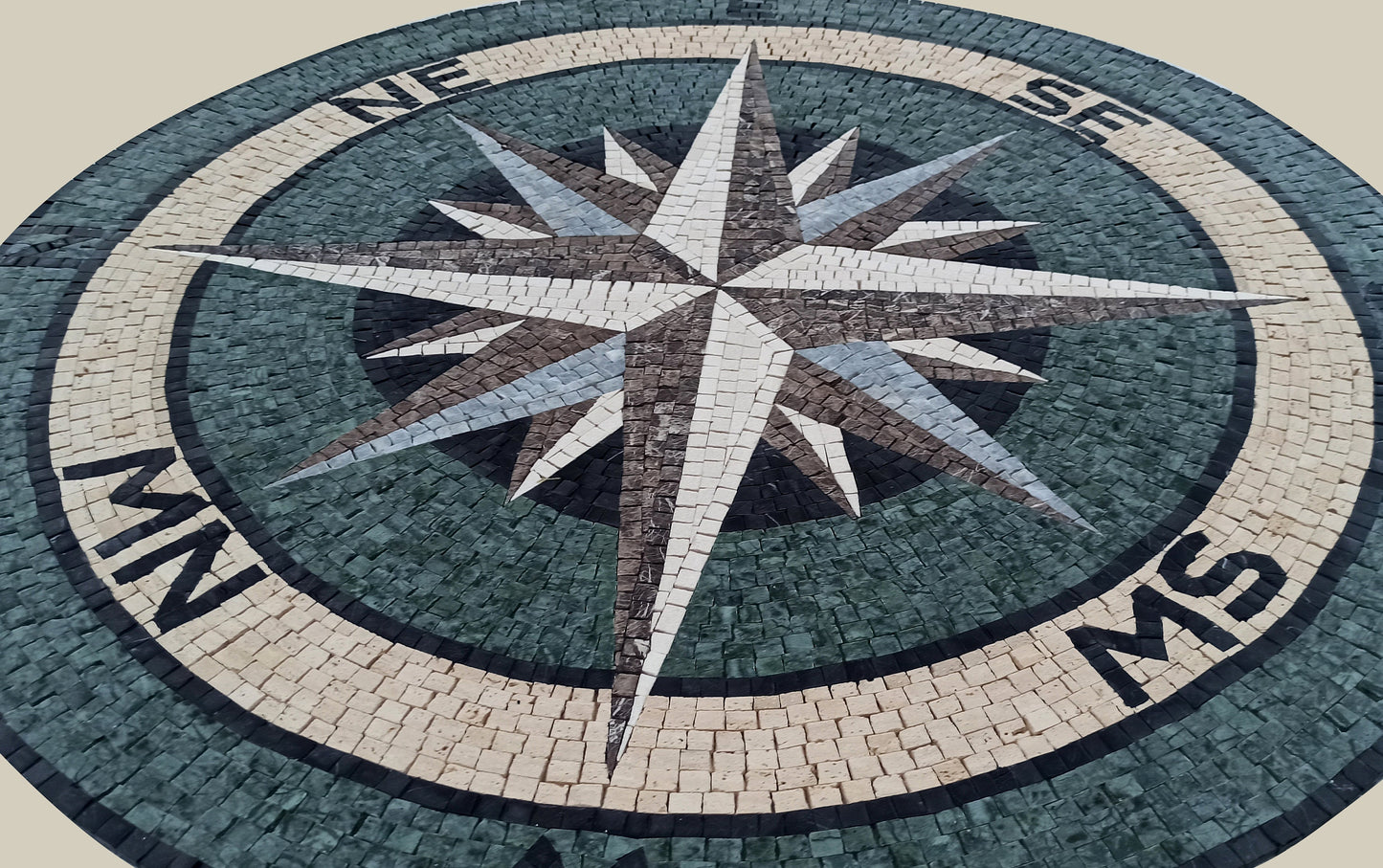 Coastal Elegance - Mosaic Artwork - Sea Green and White Compass Mosaic Medallion - Customization available