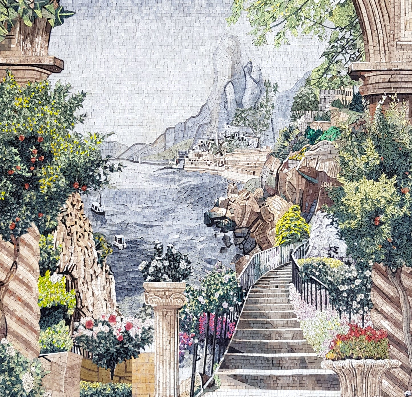 Handmade Marble Mosaic: Terraces and Seascape View Wall Art