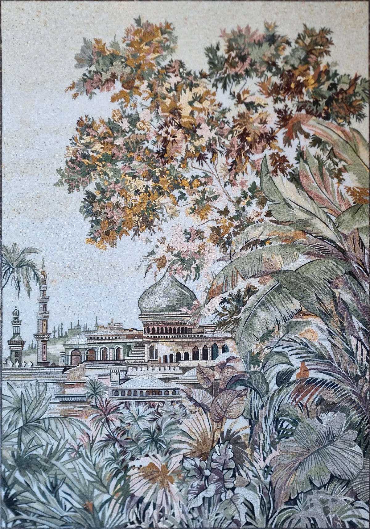 68x48 Mosque with Palm Trees Mosaic Wall Art – Islamic Architecture Scene, Customization available