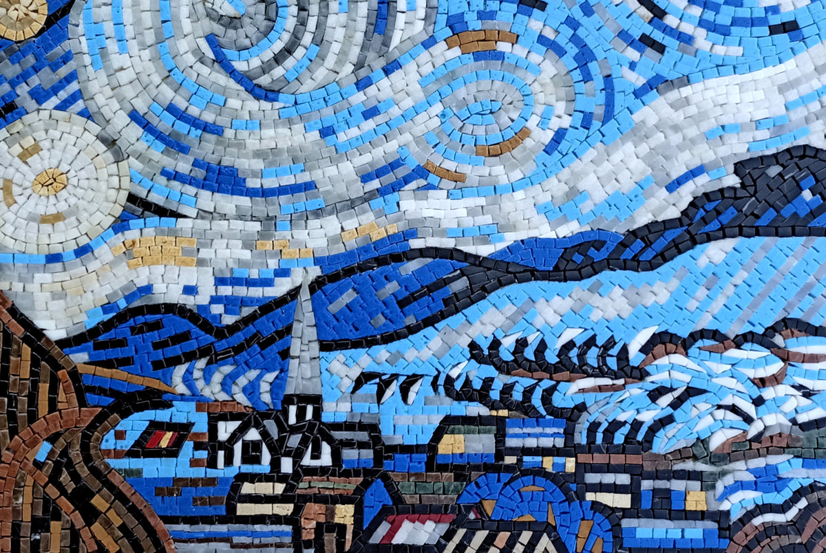 Handmade Marble Mosaic Art: Van Gogh Starry Night Landscape