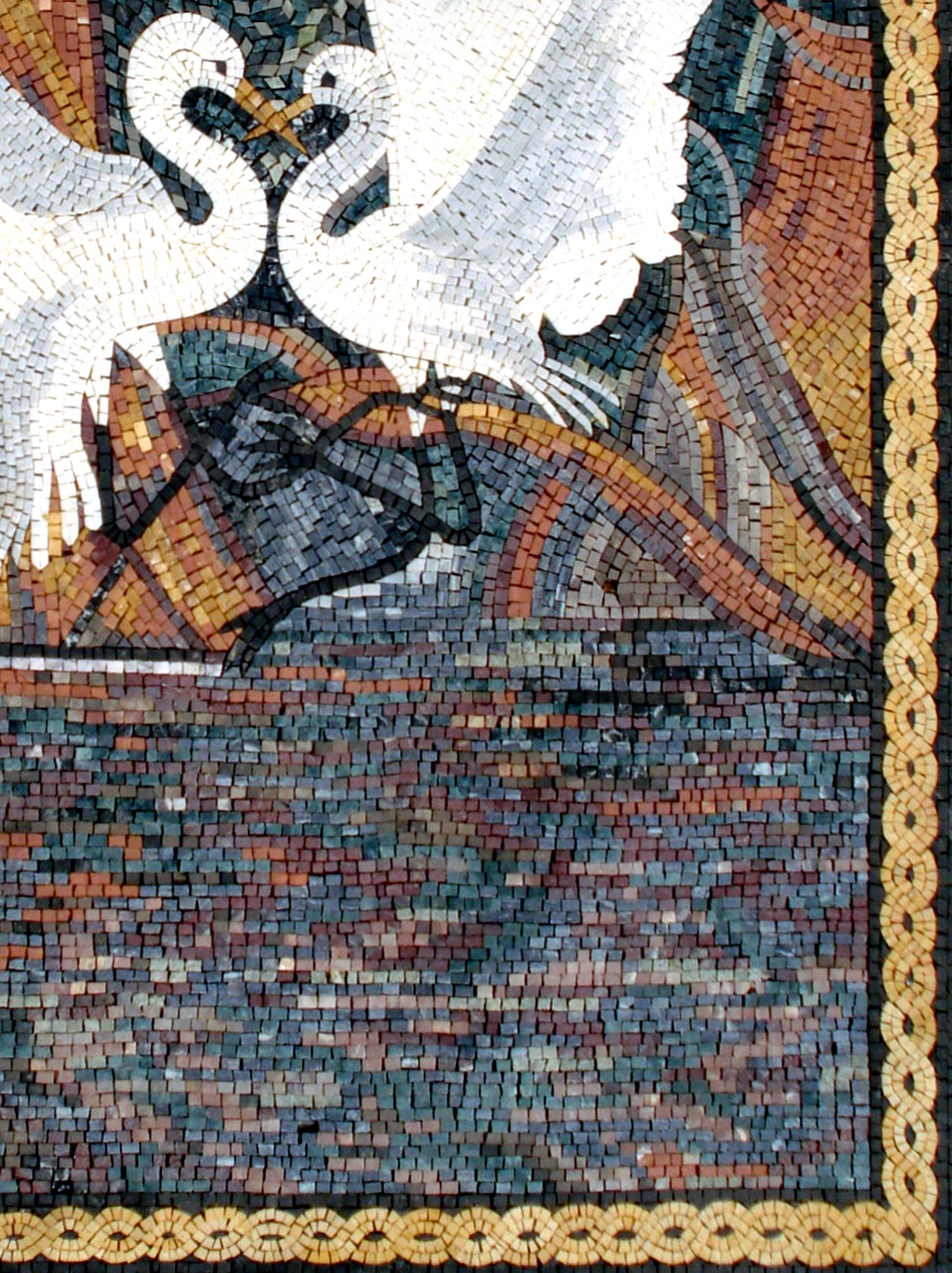 Sparring Cranes Mosaic Tile Art: Handmade Marble Wall Decor (50” x 40")