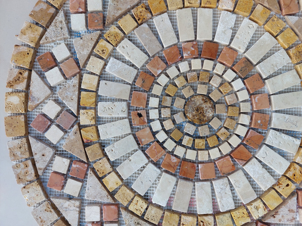 Round Marble Mosaic Medallion: Brown Border Handmade Stone Art