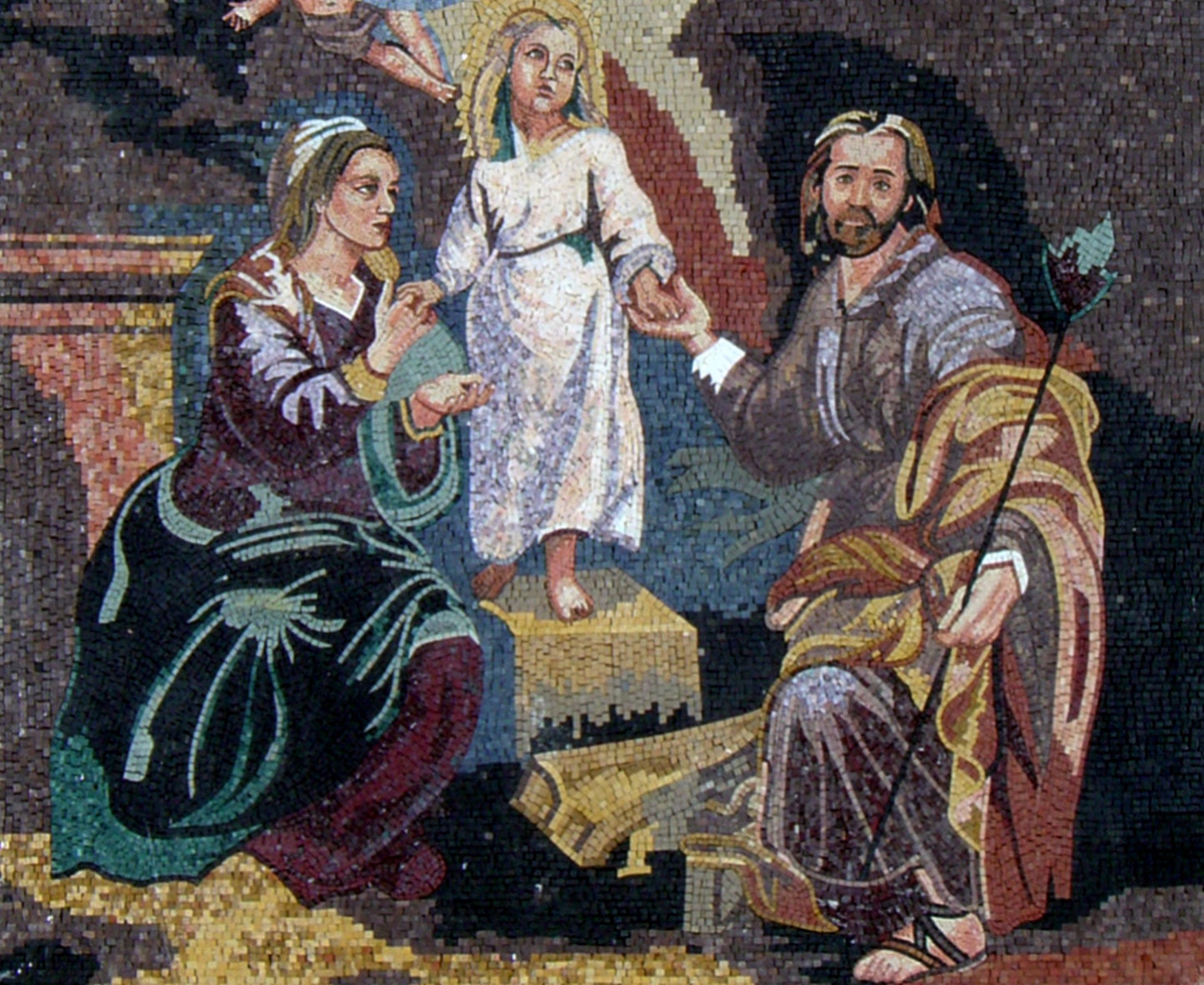 Handmade Marble Mosaic Tile: The Two Trinities with Child Art