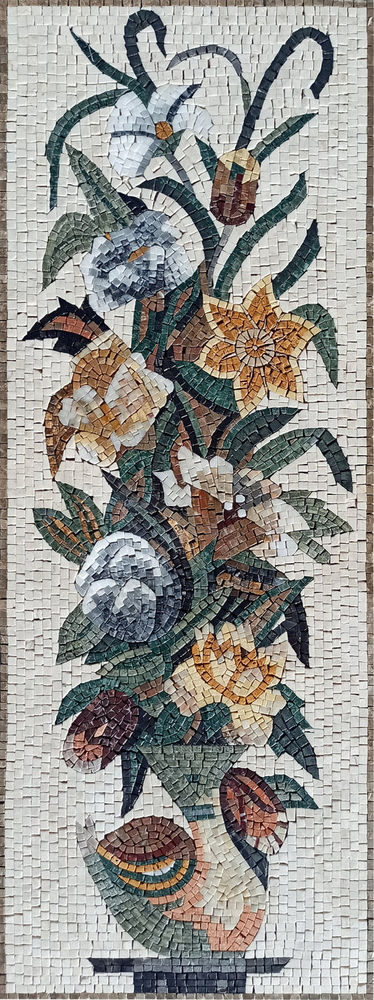 Handmade Marble Mosaic: Rose Flower Vase Wall Art