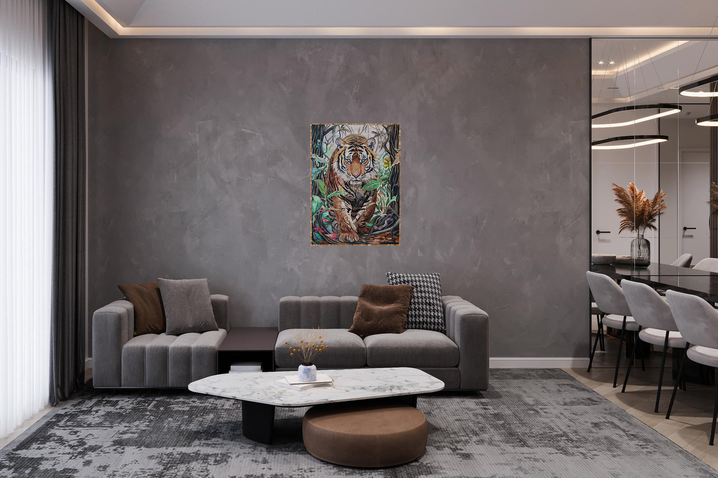40"x28" Tiger in Leaves Mosaic Wall Art – Custom Handmade Marble Tile Artwork, Jungle Wildlife Decor, Customization Available
