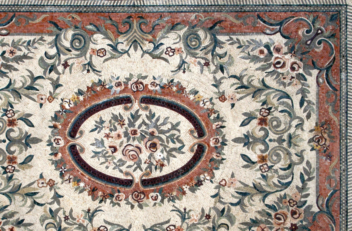 Handmade Marble Stone Mosaic Rug: Floral Art Tile Carpet (92” x 60")