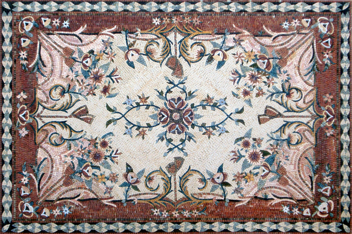 Floral Mosaic Rug: Handmade Marble Stone Art (80” x 54")