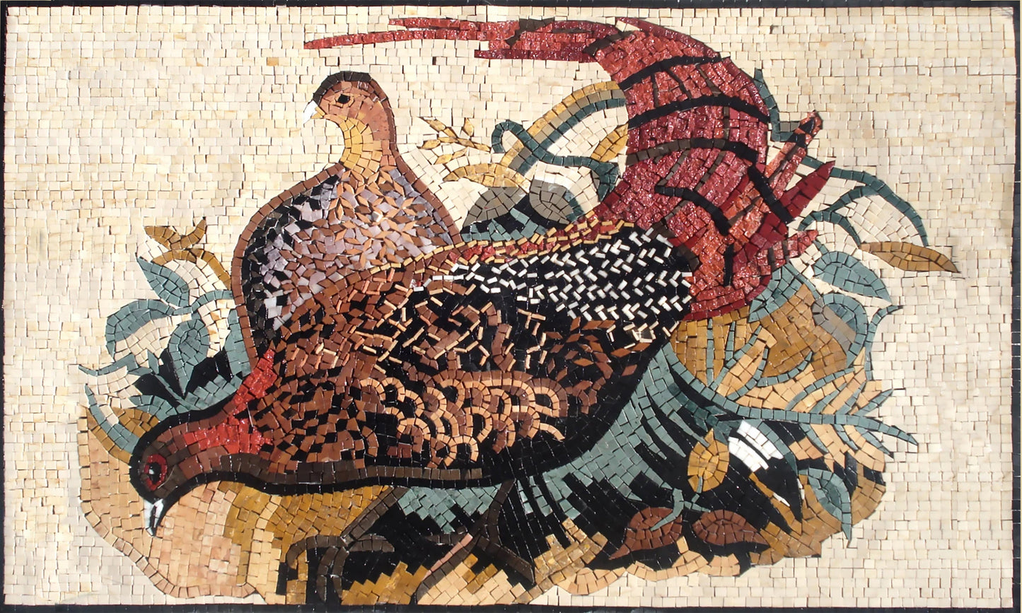Handmade Pheasant Mosaic Tile Art: Marble Bird Mural (30x24 in)