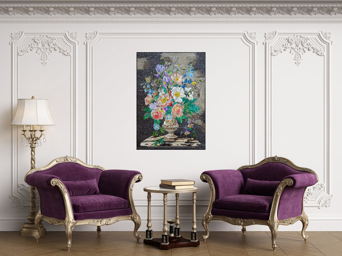 Floral Mosaic Art: Handmade Marble Flower Bouquet In Vase
