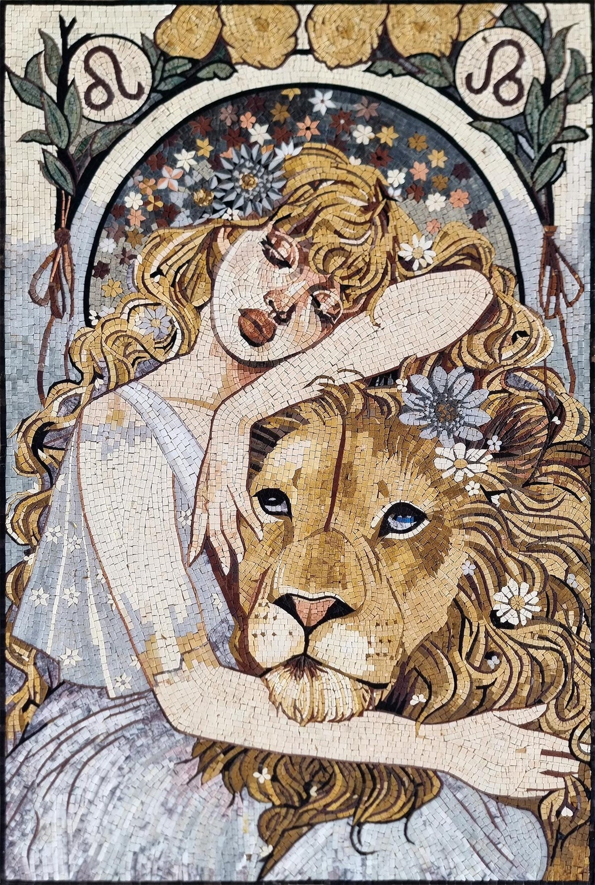 48x32 Women and Lion Mosaic Wall Art – Custom Handmade Marble Tile, Symbolic Animal Design, Decorative Wall Inlay, Customization available