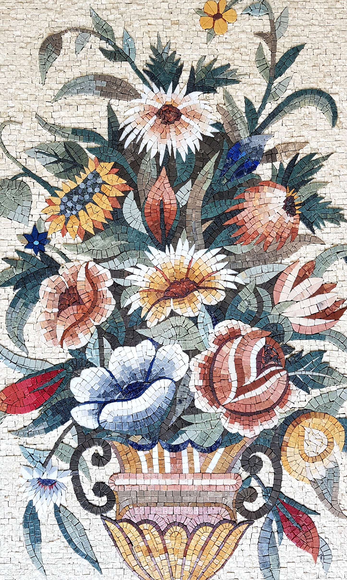 Handmade Flower Bouquet Mosaic Tile Art: Kitchen Wall Decor (40” x 24”)