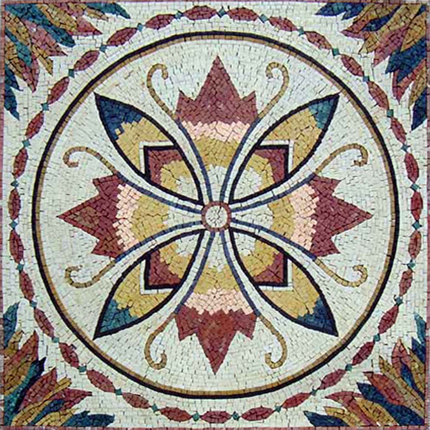 Floral Marble Mosaic Tile Medallion - 32" Square Geometric Mural