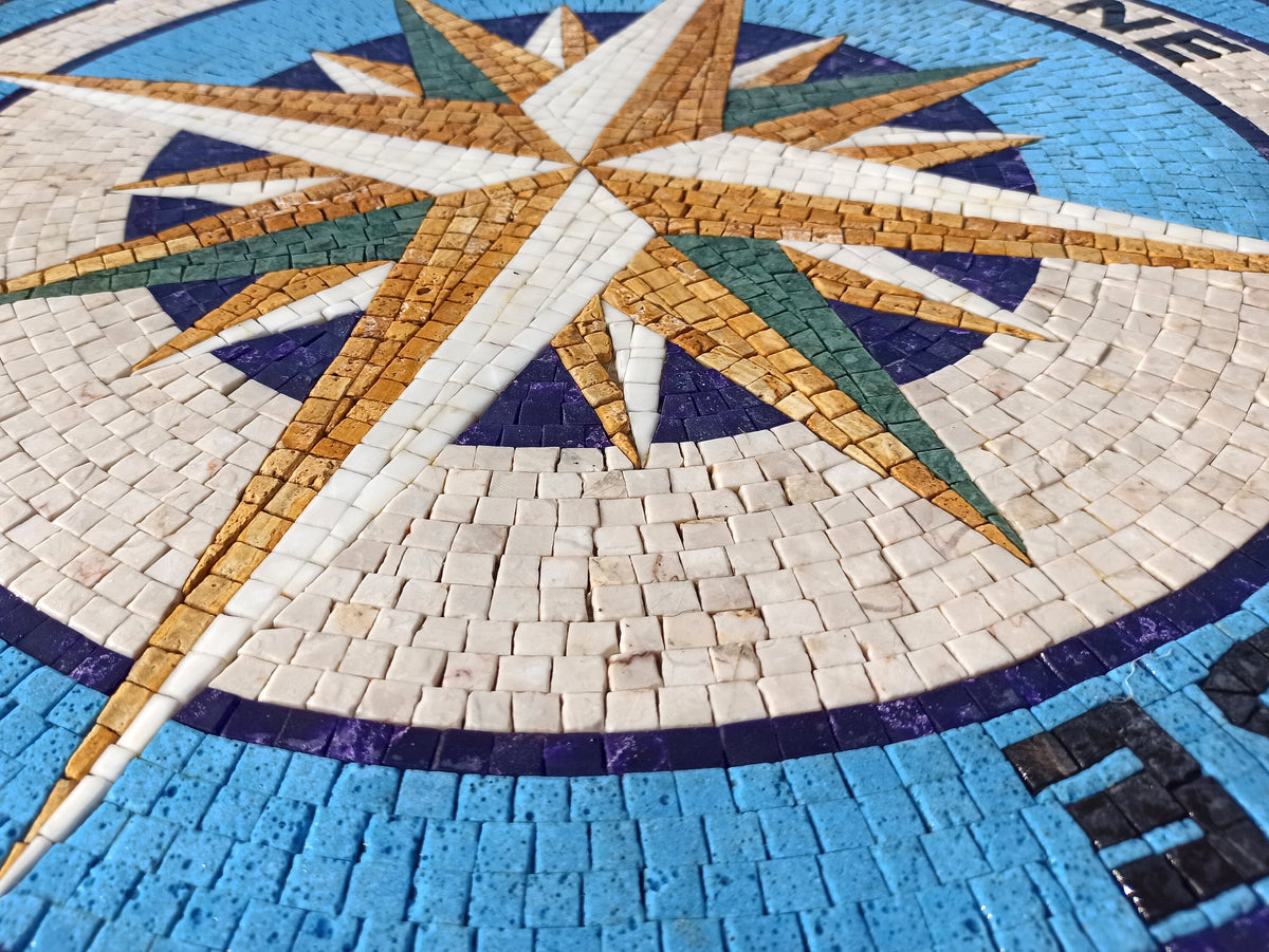 Handmade Marble Mosaic Compass Rose Medallion - Nautical Flooring Tile (32" Diameter)