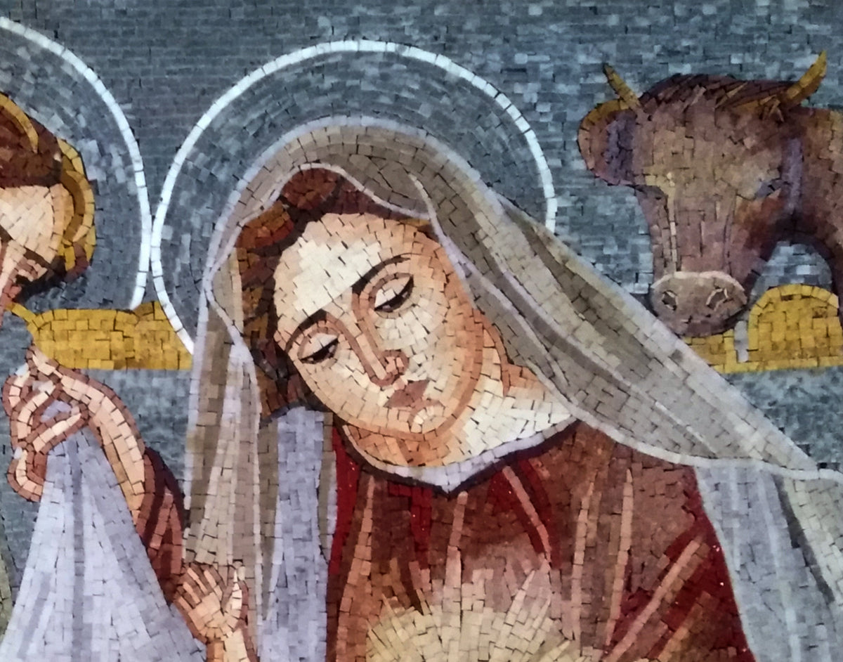Virgin Mary and Jesus Mosaic Art: Handmade Christian Tile Mural (48” x 36”)