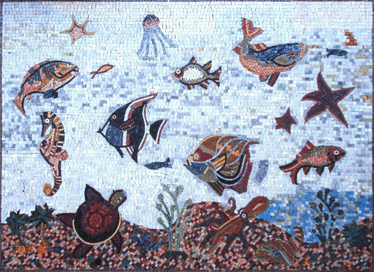 Handmade Sea Animal Mosaic Mural: Ocean Tile Art (50” x 36")